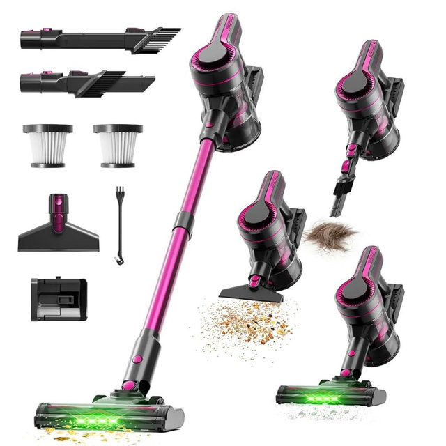 Cordless Vacuum Cleaner for Home,600W 40000PA 70Mins, Self-Standing,Powerful Suction Anti-Tangle Long&Pet Hair, Easily Picks Up Hard/Soft Debris for All Surfaces:Hardwood Floors,Tile,Carpet (Magenta)