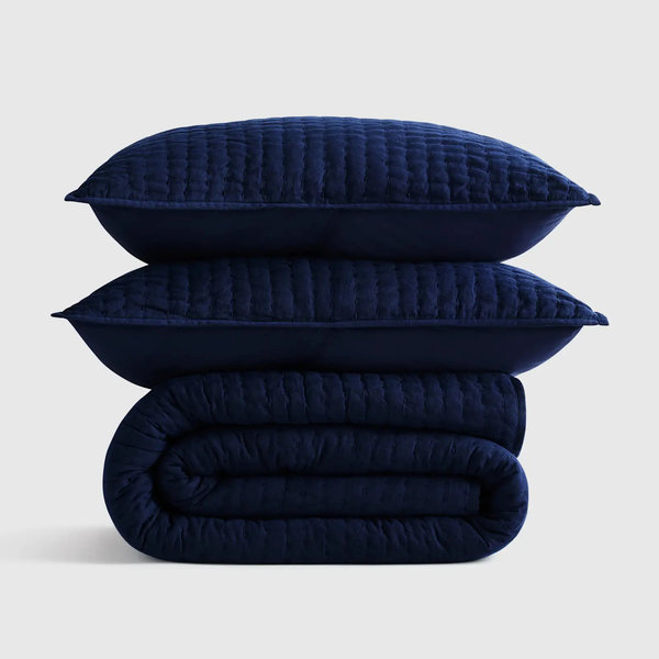 European Linen Cotton Stitch Quilt Set - Navy, King/Cal King