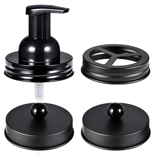 Mason Jar Bathroom Accessories Set(4pcs)- Jars Not Included - Foaming Soap Dispenser,Toothbrush Holder, and Apothecary Storage Jars Lids -Rustic Farmhouse Decor,Black