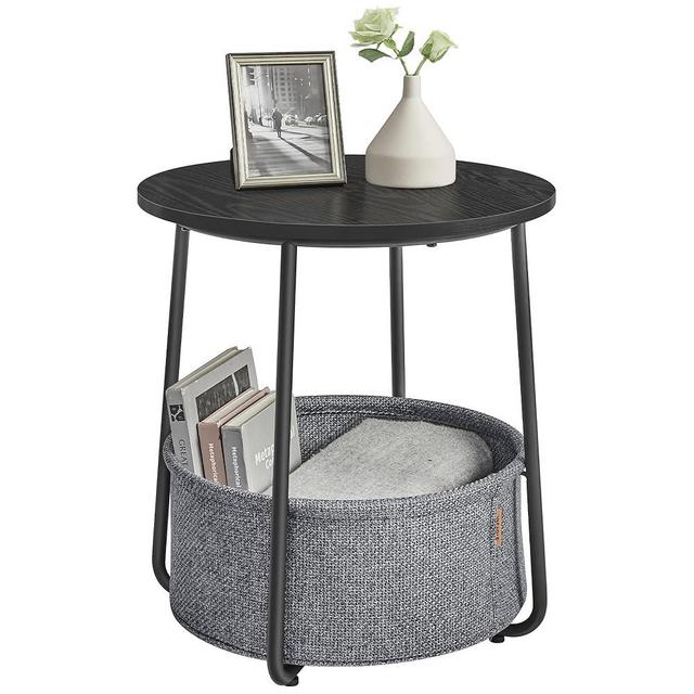VASAGLE Small Round Side End Table, Modern Nightstand with Fabric Basket, Bedside Table for Living Room Bedroom, Ebony Black and Slate Gray ULET223B01