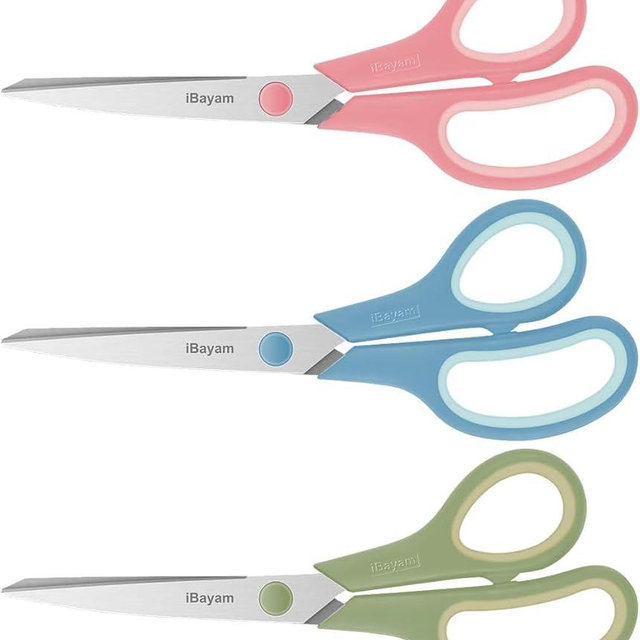iBayam 8.5" Scissors All Purpose Heavy Duty 3 Pack with 2.5mm Thick Ultra Sharp Blade for Office Home School Craft Paper, Comfort Grip Handles, Right/Left Hand Cutting Tools