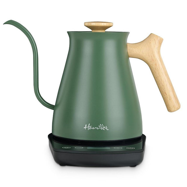 Harriet Gooseneck Electric Kettle - 1200W Fast Heat, 0.8L Stainless Steel, Precision Temp Control & Timer, Wood Handle, Pour Over Coffee and Tea, Green
