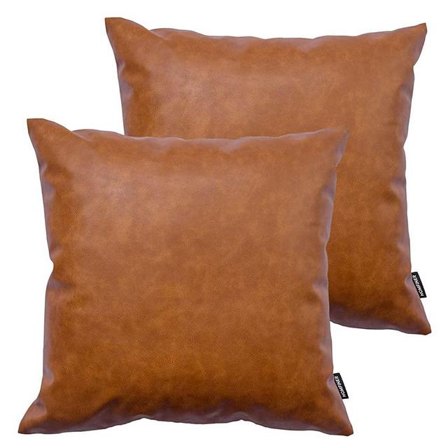 HOMFINER Faux Leather Throw Pillow Covers 22x22 inch, Set of 2 Thick Cognac Brown Modern Solid Decorative Square Minimalist Cushion Cases for Couch Bed Sofa