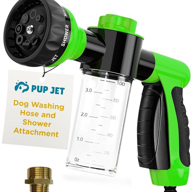 The Original Pup Jet Dog Washing Hose Attachment with Soap Dispenser – 8-in-1 Fur Sweep Dog Bathing Supplies Kit, Shower Attachment & Shampoo Sprayer for Dog Wash, Bath, and Grooming Perfect Pet Care