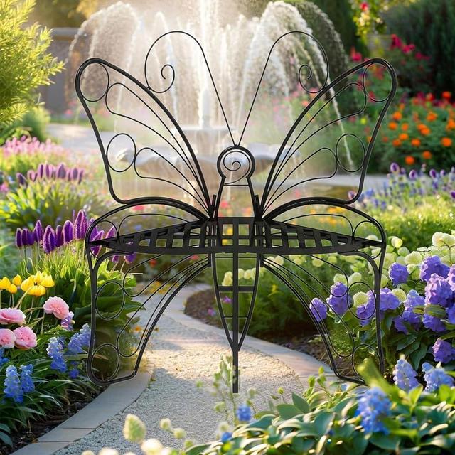 Mantianstar Butterfly Shaped Outdoor Bench, Black Garden Bench with Sturdy Stable Metal Frame, Outdoor Metal Chair Butterfly Bench for Garden, Yard, Balcony, Lawn(Black/Small)