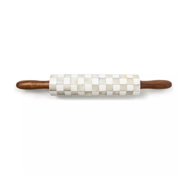 MACKENZIE-CHILDS Rolling Pin, Decorative Roller Pin for Baking, Cute Baking Supplies, Gray-and-White Sterling Check