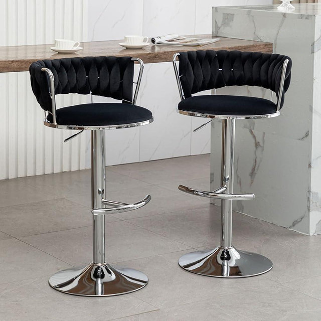 Canxkun Velvet Bar Stools Set of 2, Counter Height Bar Stools with Low Back, Modern Adjustable Height Barstools, 360° Swivel Bar Chairs for Kitchen Island, Pub (Black)