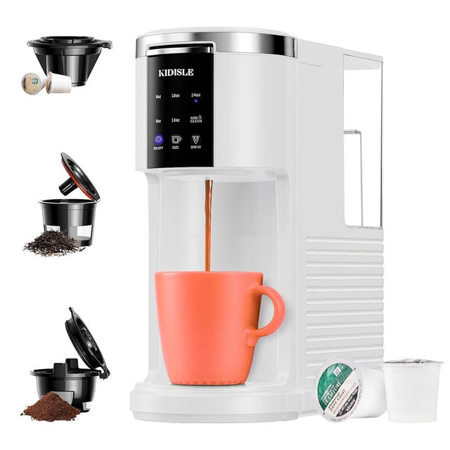 KIDISLE Single Serve Coffee Maker for K Cup Pods & Ground Coffee & Teas, 6 to 14oz Brew Sizes, 40oz Removable Water Reservoir, Self-cleaning Function, White