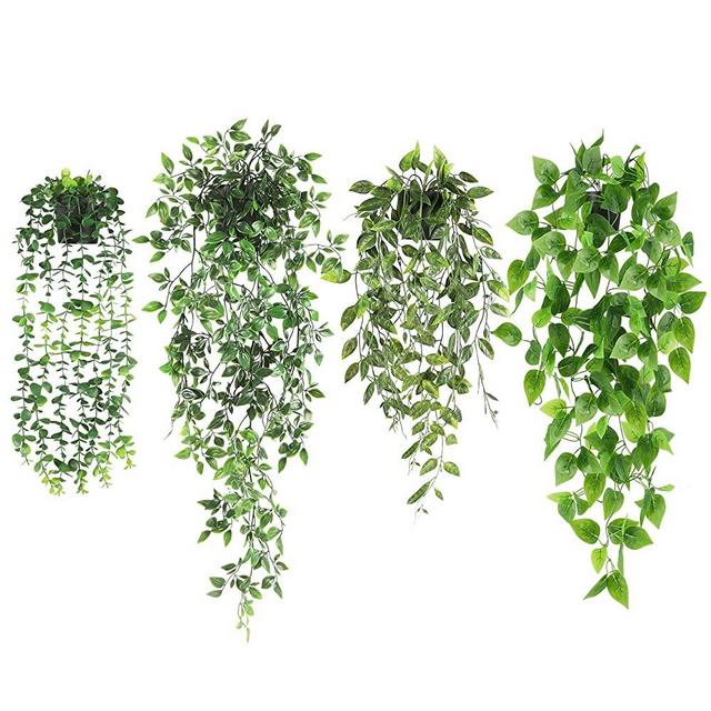 JPSOR Fake Hanging Plants, 4 Pack Artificial Hanging Plants Fake Potted Greenery Faux Eucalyptus Vine, Mandala Vine, Pothos Ivy in Pot for Home Room Wall Shelf Patio Garden Indoor Outdoor Decor