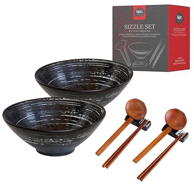 SizzleSet Ramen Bowl Set - 2 Large Japanese Ceramic Bowls with Soup Spoons, Chopsticks and Chopstick Rests, 8 Pieces - Dishwasher and Microwave Safe for Udon Soba Pho Asian Noodles - 48 Ounce