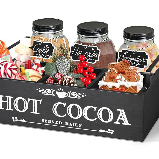 Hot Chocolate Station Organizer, Hot Cocoa Bar Supplies for Hot Chocolate Accessories, Wood Coffee Station Organizer Countertop with 3 Glass Jars, Coffee Bar Decor Hot Cocoa Decorative Storage Bins