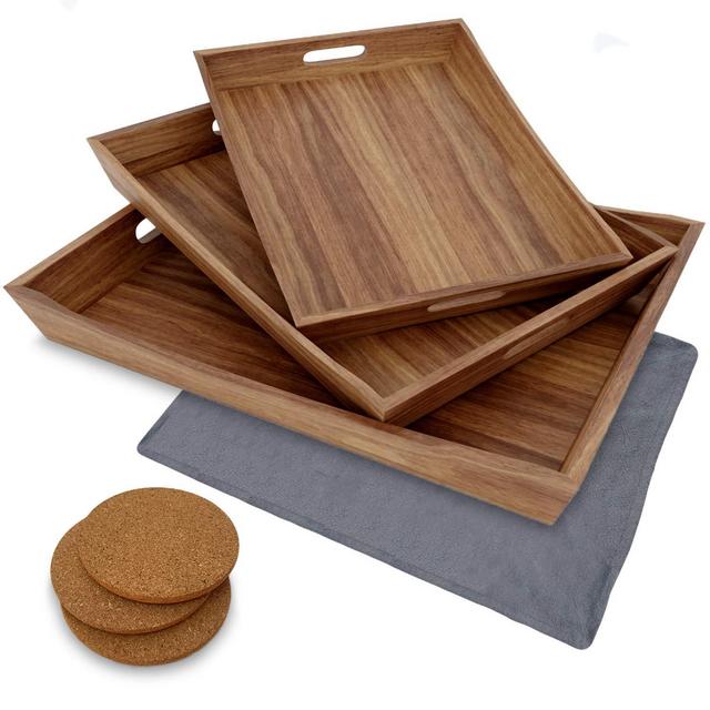 Rustic Wood Serving Tray Set of 3 - Large Serving Tray with Handles - Wood Tray - Coffee Table Tray - Food Tray - Wooden Tray - Ottoman Tray Large Great for Coffee Food (Acacia Wood Trays)