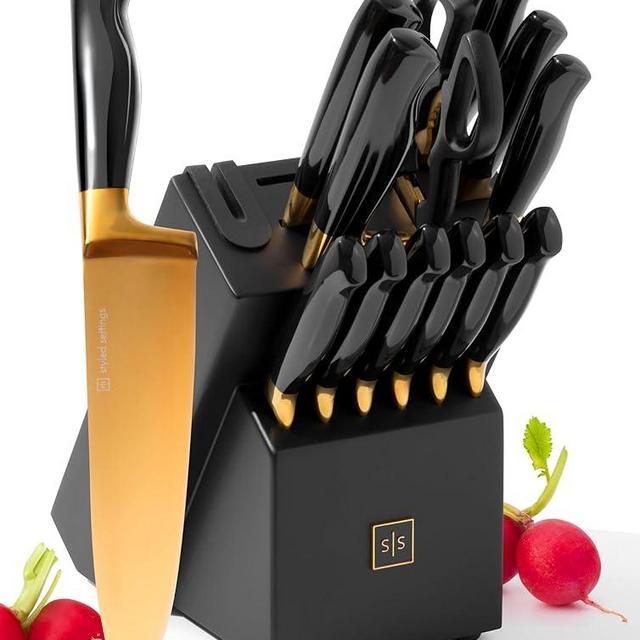 Black and Gold Knife Set with Sharpener- 14 PC Gold Knife Set with Block and Sharpener Includes Full Tang Black and Gold Knives & Self Sharpening Knife Block Set - Black and Gold Kitchen Accessories