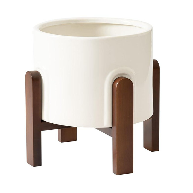 La Jolie Maison White Planter with Wood Stand, Large Ceramic Planter for Indoor Plants, 9 Inch Modern Planter Pots Whit Drainage Hole