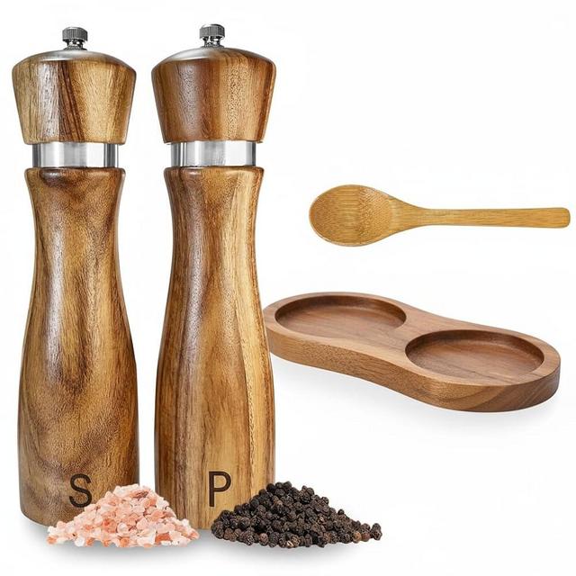 Wooden Salt and Pepper Grinder Set,salt grinder refillable,Adjustable Coarseness,Crafted of Solid Acacia Wood with Ceramic/Stainless Steel Core|Along withl Spoon,Tray,8in,2pack,easy to clean
