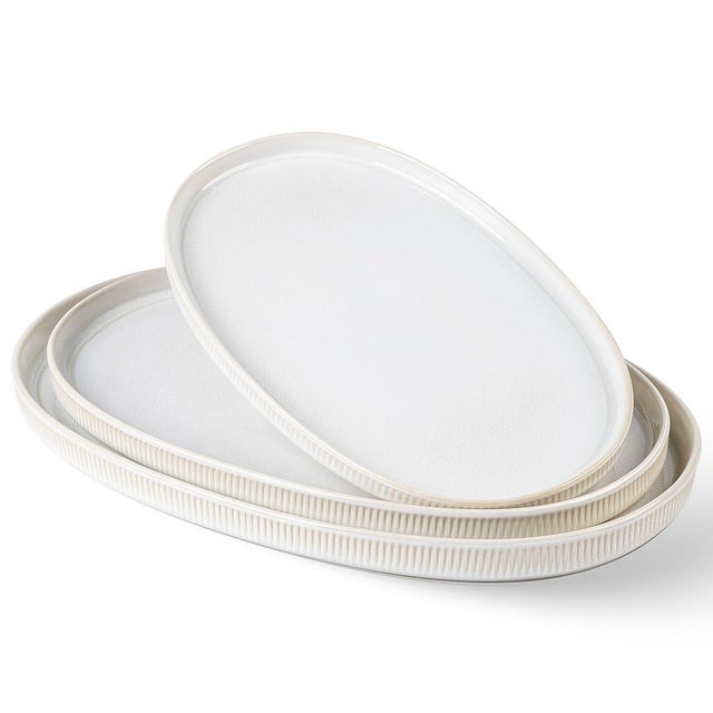 theterra Ceramic Serving Platter, 15.6"/14.4"/12.2" Oval Serving Dishes for Entertaining, Oven Safe, Microwave Safe, Serving Plates Set of 3 for Wedding, Party, Turkey, Reactive White