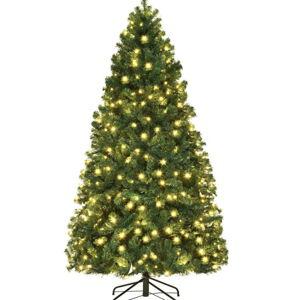 Goplus 7ft Pre-lit Artificial Christmas Tree, Hinged Premium Spruce Xmas Full Tree with 1096 PVC Tips, 300 LED Lights, Folding Metal Stand, for Home Office Party Decoration