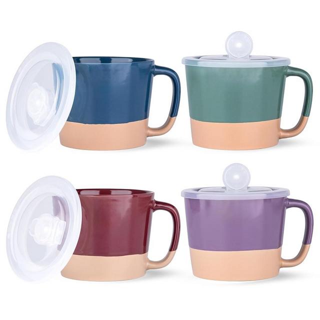 AmorArc 24 Ounces Soup Bowls with Large Handles and Lids, Stoneware Bowls for Soup, Cereal, Stew, Noodle, Colourful Ceramic Kitchen Bowls, Microwave & Dishwasher Safe (Multi-Color, Set of 2)