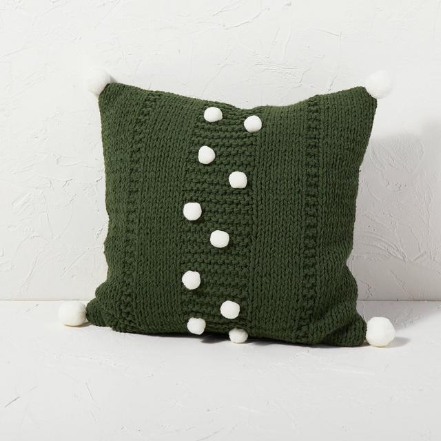 Sweater Knit Square Throw Pillow with Pom Poms Green - Opalhouse™ designed with Jungalow™