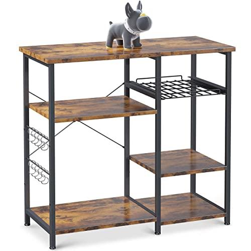 ODK Kitchen Bakers Rack Utility Storage Shelf Microwave Oven Stand 3-Tier+3-Tier Table with 10 S-Shape Hooks for Spice Rack Organizer Workstation Metal Frame, Vintage Brown
