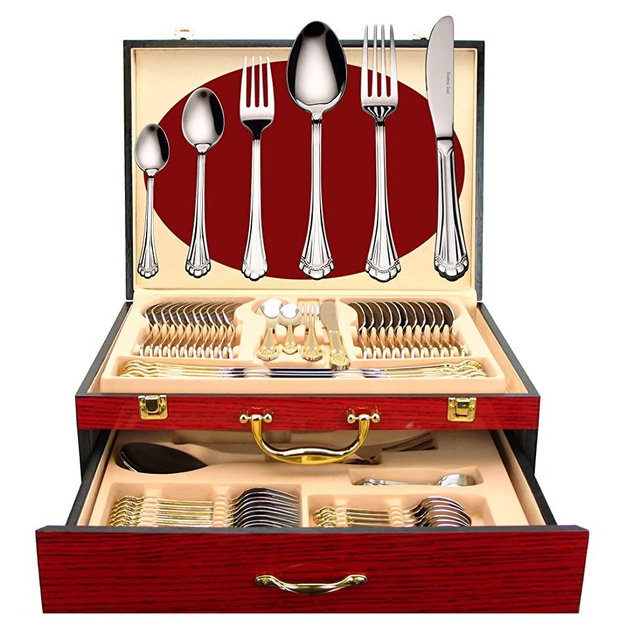Venezia Collection 75-Pc Luxury Flatware Set for 12 w/ Wooden Storage Case Premium Dining Cutlery Service - 18/10 Surgical Stainless Steel Silverware Hostess Serving Set in a Chest
