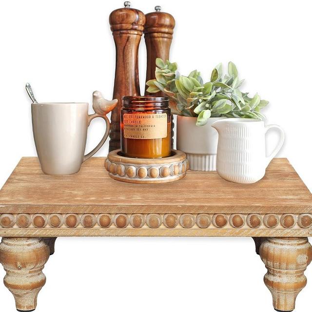 Decorative Tray Stand Display Riser - Wooden Tiered Tray Decor for Tabletop Use, Kitchen Island, Coffee Bar - Wood Risers, Beaded Pedestal Stand Farmhouse Kitchen Decor (Rustic Brown)