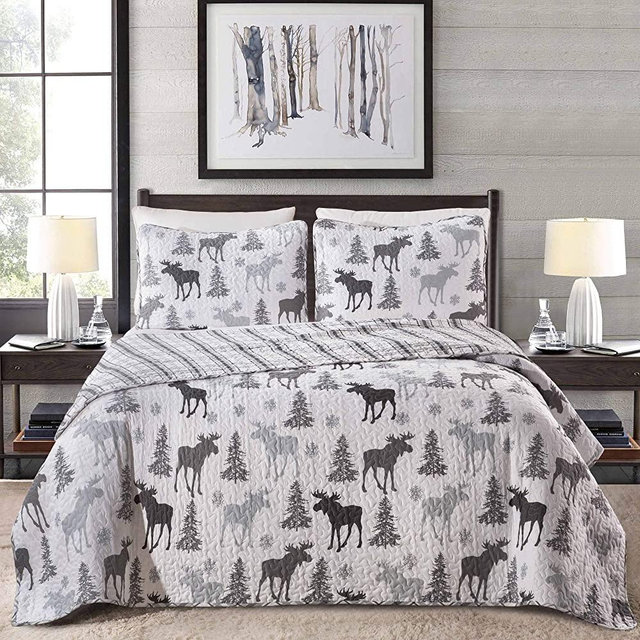 Lodge Bedspread Full/Queen Size Quilt with 2 Shams. Cabin 3-Piece Reversible All Season Quilt Set. Rustic Quilt Coverlet Bed Set. Wilderness Collection (Moose - Grey)