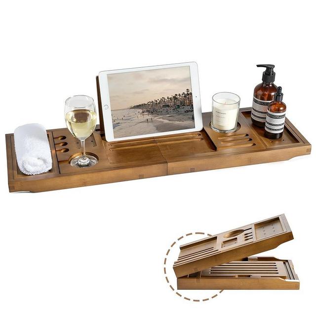Realgulf Bamboo Bathtub Tray Caddy - Splash-Proof Adjustable (28.5-40") with Wine Holder, Tablet Stand & Non-Slip Grip | Spa-Grade Organizer for Bath Essentials & Reading- Walnut