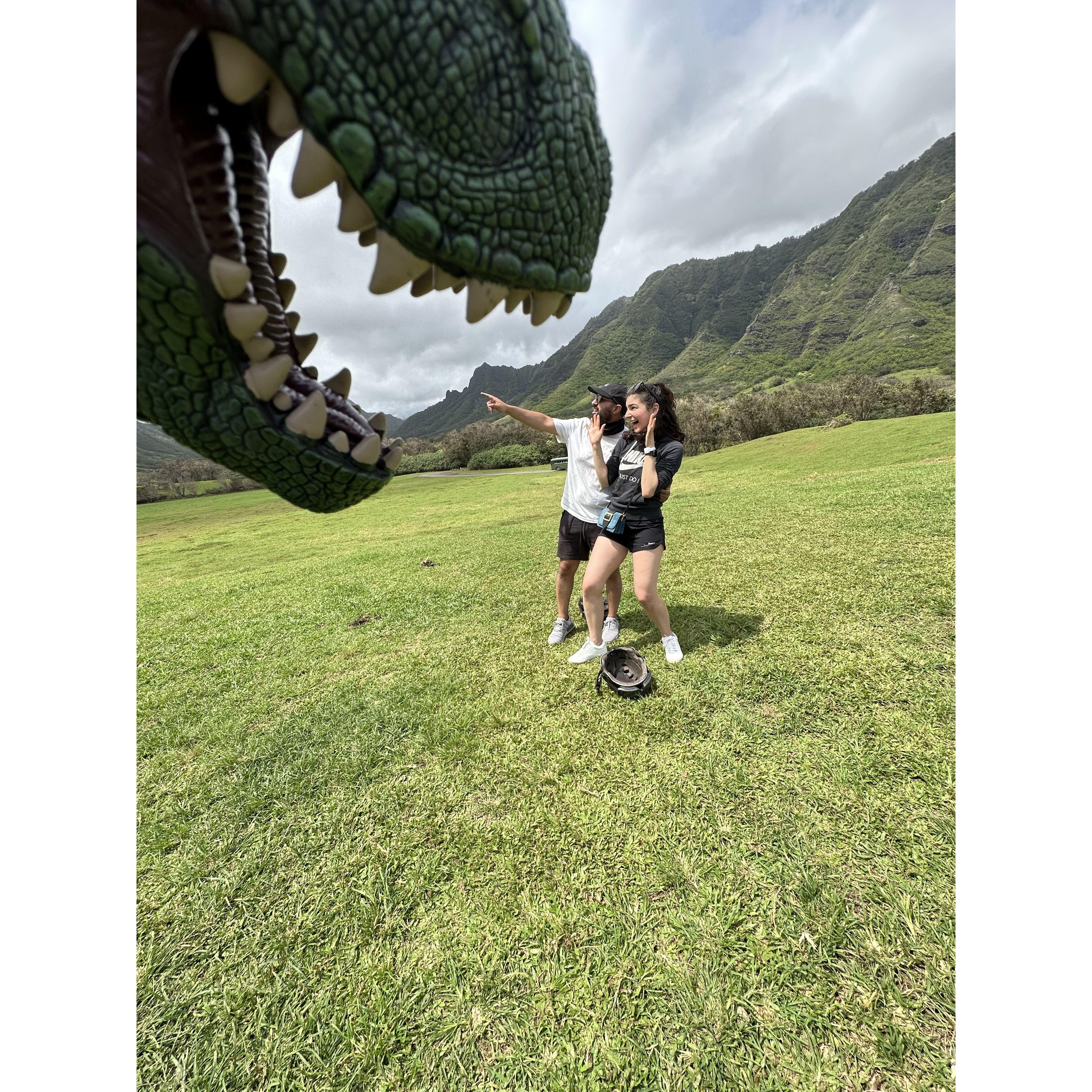 We spent our first anniversary in Hawaii, running away from dinosaurs!