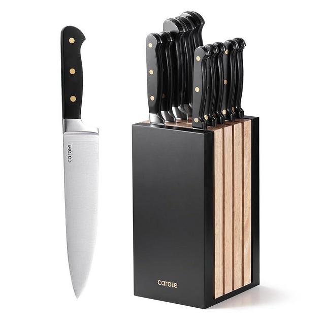 CAROTE 11PCS Knife Set with Block for kitchen, Stainless Steel Razor-Sharp Blade, Triple Riveted Ergonomic Handle,Essential Knife Set, Black