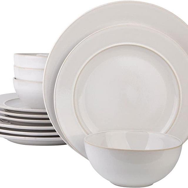 Stoneware 12 Piece Dinnerware Set By Glavers - Service For 4, Round White Shiny Dishes - Made in Portugal High-End Quality. Includes 4 Dinner Plates 4 Salad Plates, And 4 Bowls.
