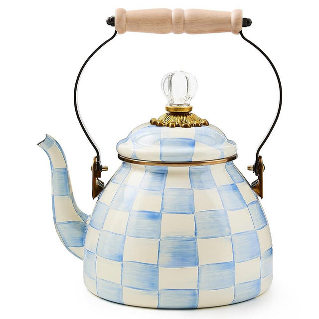 MACKENZIE CHILDS Enamel Tea Kettle, Decorative Tea Kettle for Stovetop, 2 Quarts, Light-Blue-and-White Sky Check