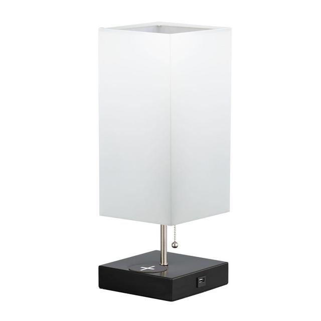 Device Charging Table Lamp in Black with Linen Shade
