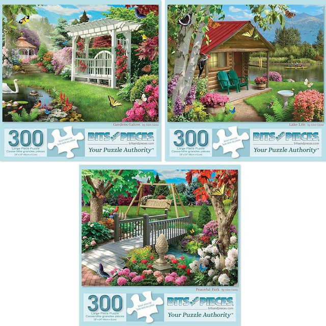 Bits and Pieces – Value Set of Three 300 Piece Jigsaw Puzzles for Adults – Gardens Galore, Lake Life, Peaceful Park Jigsaw Puzzles by Artist Alan Giana, Completed Puzzle Size: 18" x 24"