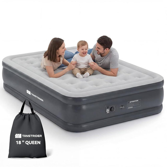 TANSTRIDER Queen Air Mattress with Built in Pump,18" Raised Blow up Air Bed,3 Mins Quick Self-Inflation/Deflation, Inflatable Mattress for Camping/Home/Guests/Travel (Gray)