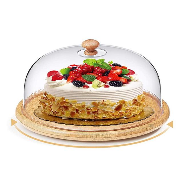 Bamboo Rotating Cake Stand with Dome Cover, Round Cake Plate with Acrylic Lid and Wood Top by ANMEISH(Acrylic Bamboo, 11.5 Inch)