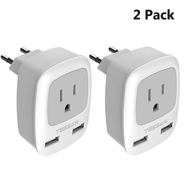 European Plug Adapter 2 Pack, TESSAN International Travel Power Outlet Adaptor with 2 USB, Charger from USA to Most of Europe EU Spain Iceland Germany France Italy (Type C)