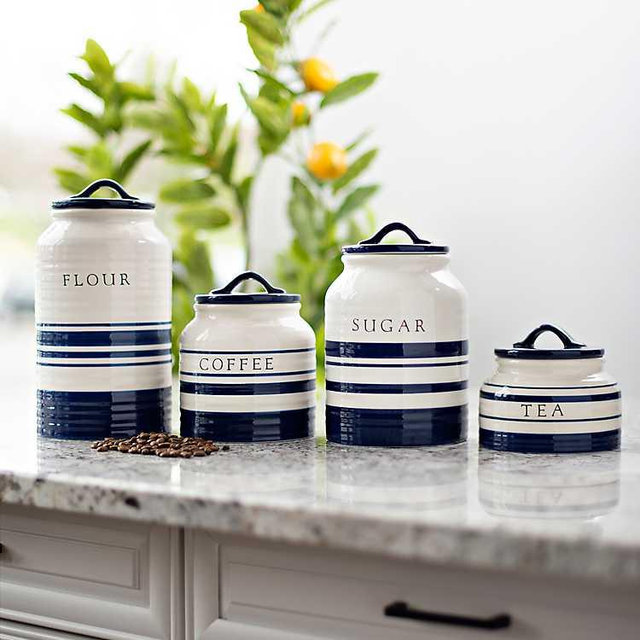 New! Blue Stripe Ceramic Canisters, Set of 4