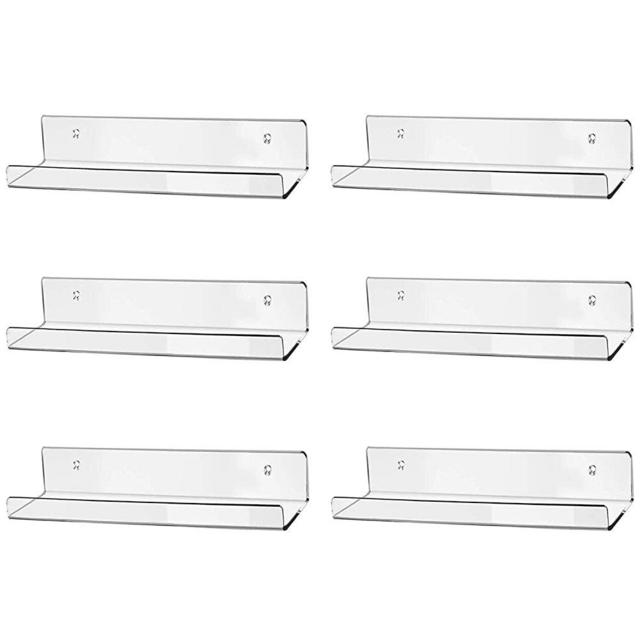 hblife 15" Clear Acrylic Floating Wall Ledge Shelf, Wall Mounted Nursery Kids Bookshelf, Invisible Spice Rack, Clear 5MM Thick Bathroom Storage Shelves Display Organizer, 15" L x 4" D x 2" H, Set of 6