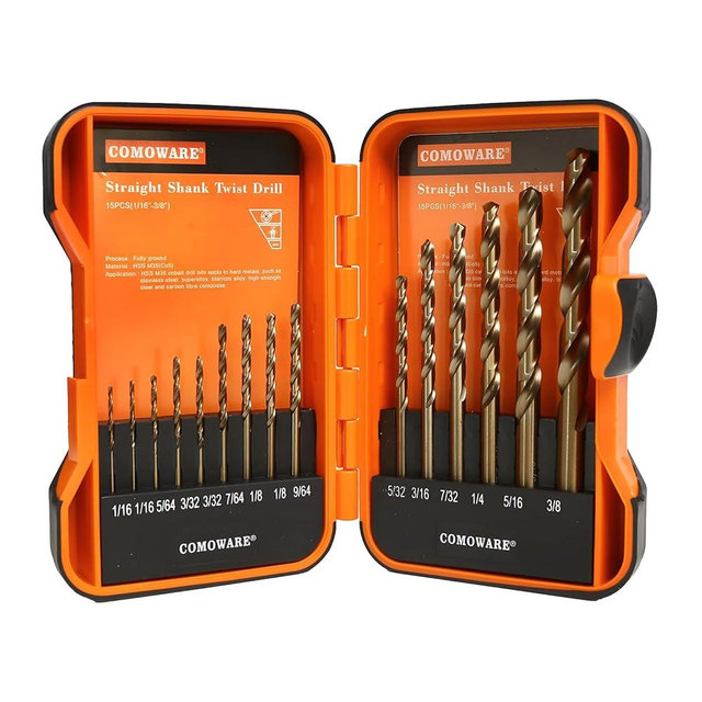 COMOWARE 15Pcs Drill Bit Set (1/16"-3/8"), M35 HSS Twist Drill Bits, Jobber Length, Straight Shank, Metal Drills bit Set for Steel, Stainless Steel/Iron/Wood/Plastic, with Storage Case