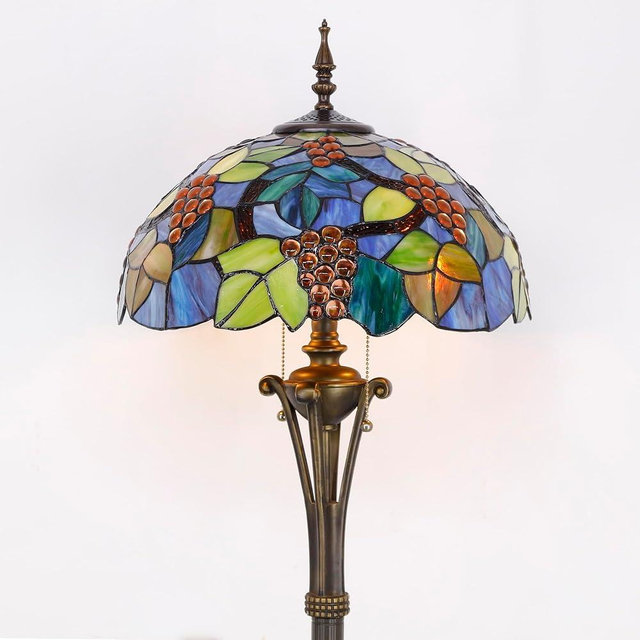 L-Juicwe Tiffany Floor Lamp Purple Stained Glass Grape Standing Reading Light 16X16X70 Inches Antique Pole Corner Lamp Decor Bedroom Office Living Room
