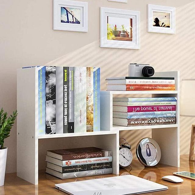 Expandable Wood Desktop Bookshelf Desktop Organizer Office Storage Rack Wood Display Shelf - Free Style Display True Natural Stand Shelf Rack Assembled Bookcase Adjustable Display Rack, White