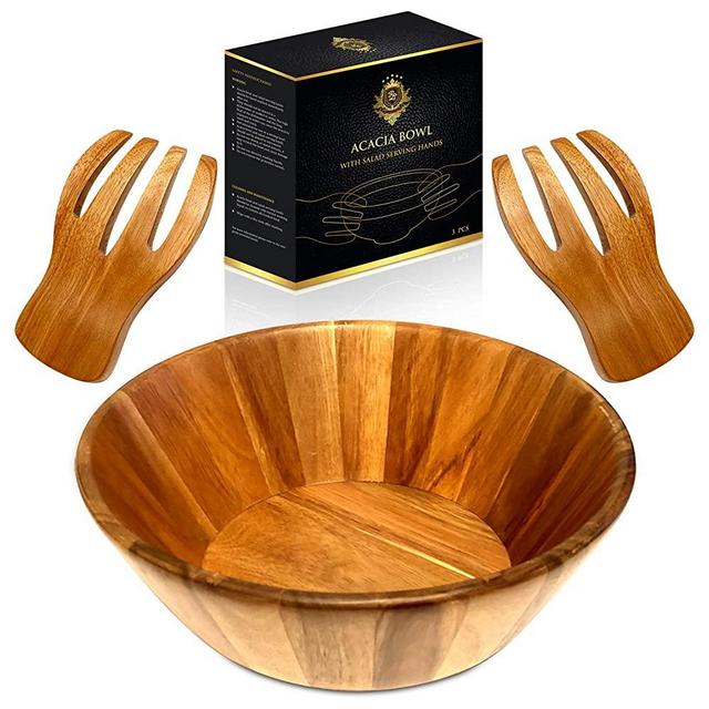 RegaLuxury Acacia Bowl With Salad Serving Hands 12 Inch Diameter X 4 Inch Heigh Perfect Size for 4-5 Salad Portions, for Fruits, Chips or Pasta