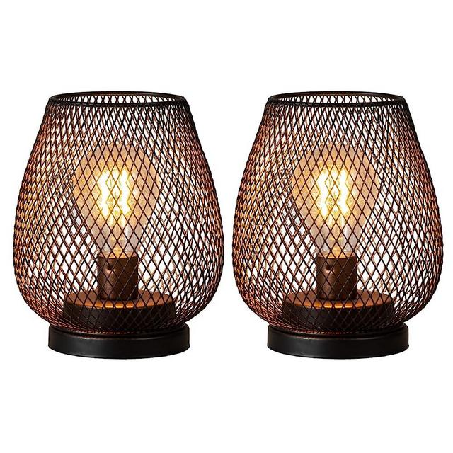 DECORKEY Set of 2 Battery Operated Lamp LED Table Lantern, Metal Cage Cordless Lamps with LED Bulb，Vintage Decorative Outdoor Lantern for Weddings, Parties, Patio, Events for Indoors Shelf Decor