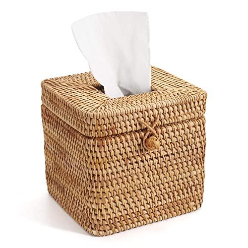 YANGQIHOME Rattan Square Tissue Box Cover, 5.7" x 5.7" x 5", Decorative Woven Facial Tissue Holder with Hinged Top Lid, Primary Color