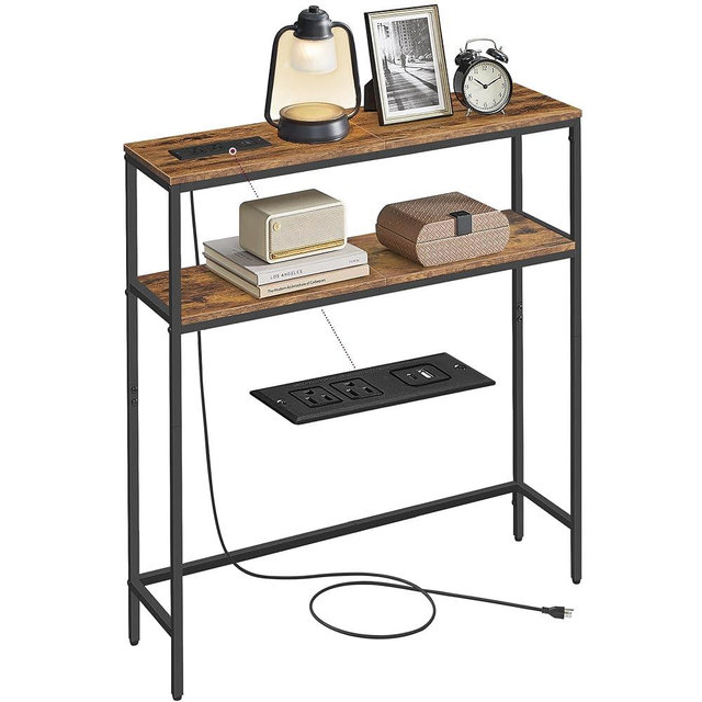 VASAGLE Console Table with Power Outlet, 2-Tier Narrow Sofa Table with 2 Shelves, 7.9 x 31.5 x 31.5 Inches, for Living Room, Hallway, Entryway, Rustic Brown and Ink Black ULNT135K01