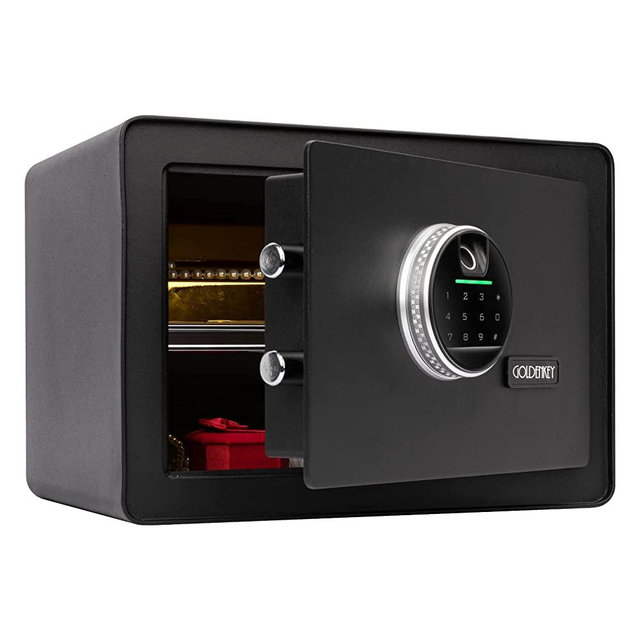 GOLDENKEY Digital Security Safe and Lock Box,Small Safe box for Money, Fingerprint Lock,Perfect for Home Office Hotel Business Jewelry Gun Use Storage,0.5 Cubic Feet,Black
