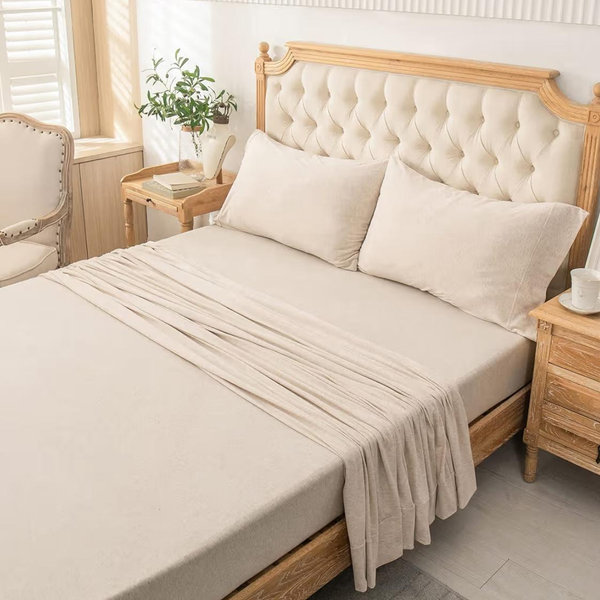 PURE ERA Jersey Knit 4pc Bed Sheet Set 100% T-Shirt Heather Cotton Super Soft Comfy Breathable Fits Mattress Up to 20" Extra Deep Pocket (Heather Beige, King)