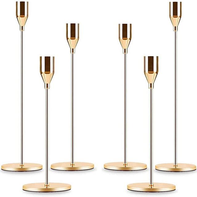 Gold Taper Candle Holder Set of 6, Brass Gold Tall Candlestick Holders , Metal Vintage Candle Stickers Long Holder Set, Pillar Decorative Candle Holder Fits 3/4 Inch Candle for Wedding, Dinner, Party