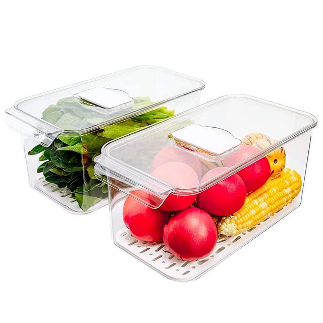 SANNO Refrigerator Organizer Keeper with Lids And Removable Drain Tray Food Storage Container Fridge Produce Saver Stackable Freezer Bins For Kitchen Produce Fruit Vegetable (Set of 2)